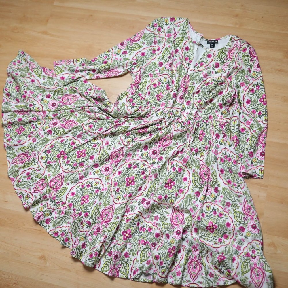 Torrid Folk Style Pink & Green Floral Dress - 00